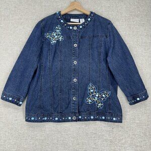 Alfred Dunner Jacket Womens 10 Blue Denim Butterfly‎ Beaded Embellished Jean